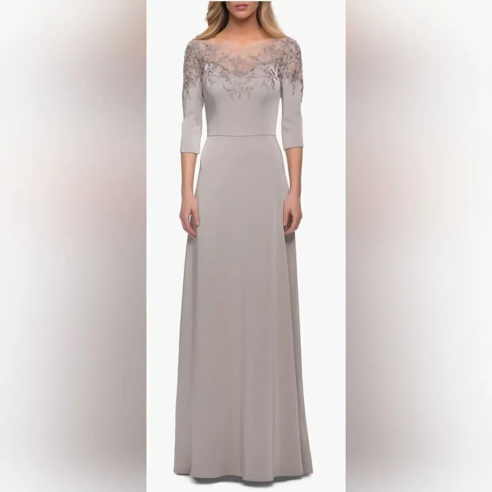 La Femme 29227 Illusion Neckline Three Quarter Sleeves Dress NWT size 8 Silver